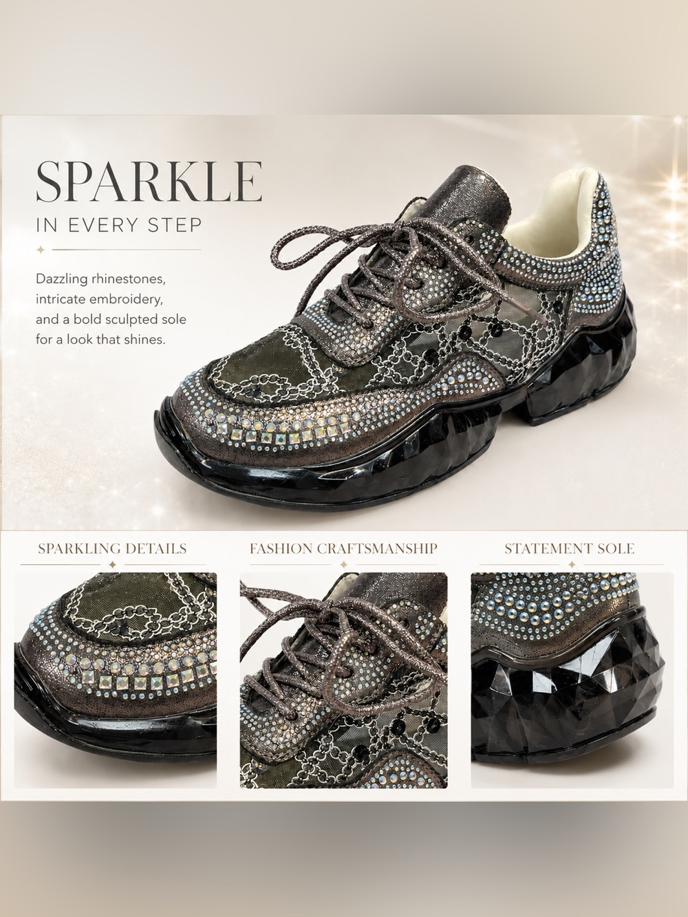Women's Crystal-Embellished Metallic Gray Fashion Sneaker - Picture 3 of 7